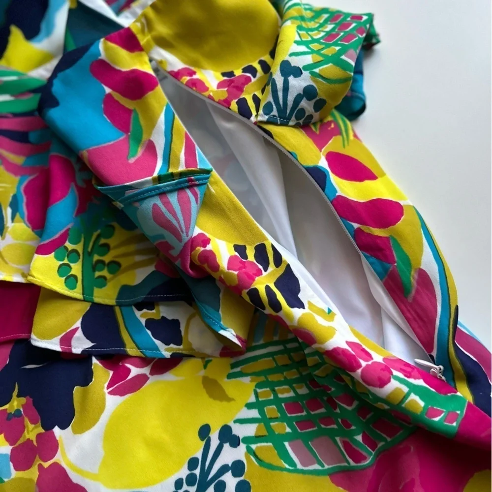 J Crew Colorful Tropical Floral Tiered Ruffle Cami Mini Dress Size 2